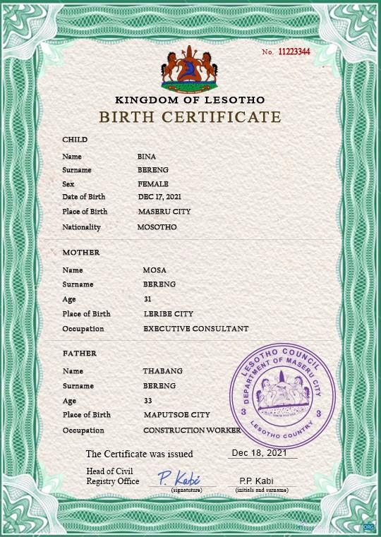 Download Lesotho vital record birth certificate PSD template Photoshop template